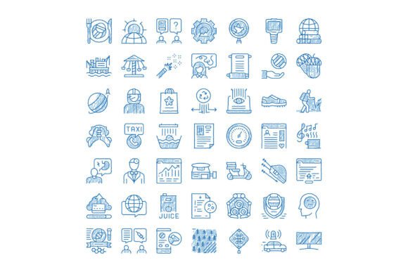 Sketching Business Communication Technol: Hand-Drawn Blue Line Icons for Real-World Clarity
